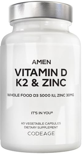 Amen Vitamin D, K2 & Zinc, Cholecalciferol D3 5000 IU, Organic Whole Food Blend with Apple, Blueberry, Cranberry, Elderberry Powder Fruits, Vegan Supplement, D3 K2 Vitamins, Non-GMO - 60 Capsules