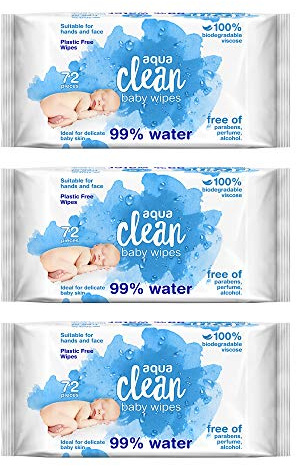 3 Pack Aqua Clean Baby Wet Wipes (72 Wipes) 99% Water 100% Biodegradable Plastic Free