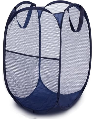JIUAI 1Pcs Collapsible Mesh Pop-Up Foldable Net Laundry Basket Bag, Large Foldable Mesh Laundry hamper basket with Side Pockets for Dirty Clothes,Folding Laundry-Basket - Navy and Black