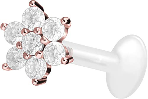 PIERCINGLINE PTFE Labret mit Gewinde TITAN AUFSATZ KRISTALLBLUME Piercing Lippe Nase Ohr Helix Roségoldfarben 1,2 x 9 mm