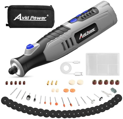 AVID POWER Cordless Rotary Tool 2.0 Ah 8V Rechargeable Rotary Tool, 4 Front LED Lights, 5 Speeds, 60 Pcs Rotary Accessories with Bag for Carving, Engraving, Sandng, Polishing and Cutting - Grey