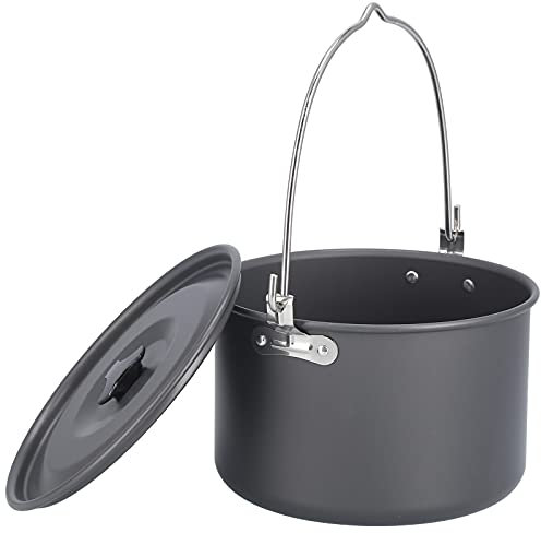 Onewer Camping Hängender Topf Kochgeschirr,Outdoor-Camping-Topf, Tragbarer Lagerfeuer-Hängetopf aus Aluminiumlegierung mit Deckel, Aufbewahrungstasche für 6–8 Personen