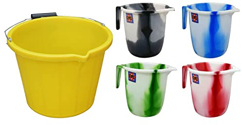 1x Assorted Colour Tie Dye Design 1.5 Litre Plastic Water Jug Hair Washing Jug Mixing Mug With 1x Yellow Plastic Strong Builders Bucket 3 Gallon Bucket 14L Car Wash Bucket For Garden Cleaning Kitchen