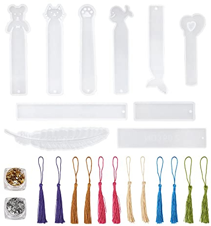 Bestewelry Lesezeichen Harz Form Kit Lesezeichen Silikonform Epoxidharz Schmuckform mit Polyester Quaste Folie Flocken für DIY Handwerk Lesezeichen machen