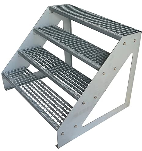 Kaminbau Mierzwa Premium Stahl Treppe Freistehend Verzinkt 4 Stufen (Breite 140 cm) (Höhe 76 cm) Wetterfest Gitterroststufe Gartentreppe
