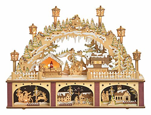 Spetebo LED Holz Schwibbogen Weihnachtsmark - 45 x 30 cm - Lichterbogen mit 15 LED - Weihnachtsdorf Szene Tisch Fenster Deko beleuchtet Batterie betrieben