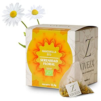 Viveza - Serenidad Floral Infusión de Manzanilla Ecológica o Camomila - Gran Alternativa al Té o al Café - Sin Teína - Caja por 15 Pirámides Ensobradas - 22,5 gr