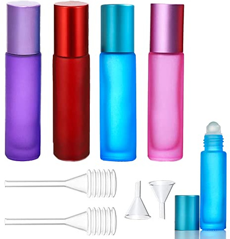 laeeyin 4 Stück Leer Glas Roll-on Flaschen mit Edelstahl-Roller，Für ätherische Öle, Lotionen, Parfums, 4-farbig Roller Leere Flaschen für Zuhause Reisen