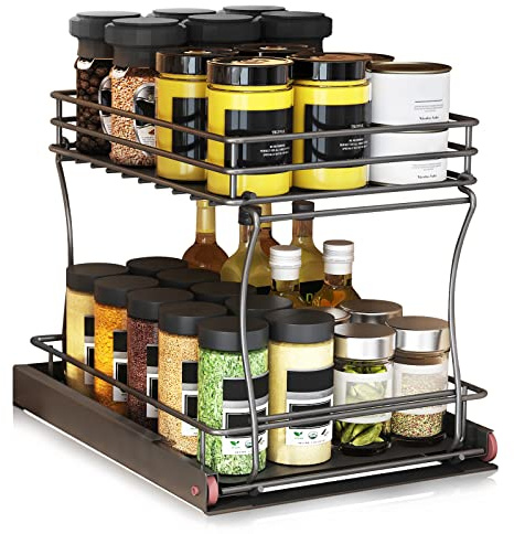 Gewürzregal Ausziehbar, 2 Etagen Edelstahl Gewürz Organizer, Rutschfeste Gewürzregal Schrank, Schrank Organizer Küche, Multifunktion Gewürzständer, Spice Rack Platz für Flaschen öle Zutaten Gläser