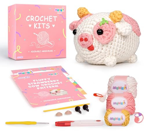 Mewaii Häkelset für Anfänger, komplettes DIY-Set Tiere mit über 40% vorgefertigtem Bandgarn, Schritt-für-Schritt-Video-Anleitungen für Erwachsene und Kinder (Flauschige Kuh)