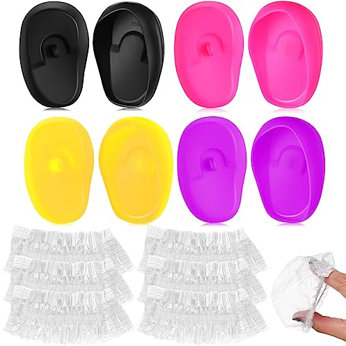 Hairdressing Ear Caps 4 Pairs Silicone Ear Covers 100pcs Disposable Ear Shower Caps Hairdressing Dye Coloring Earmuffs for Salon Home Hair Dye Salon Earmuffs