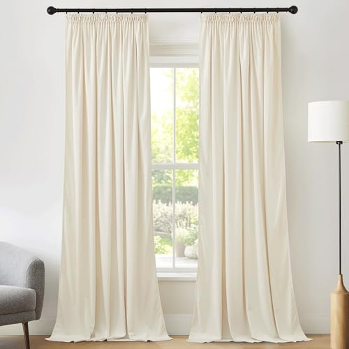PONY DANCE Velvet Curtains for Living Room Samt Gardinen Wohnzimmer Vorhang Samt Creme 2er Set H 240 x B 132 cm (Gewicht: 300g/m²) Samtvorhang Kräuselband Weiche und Schwere Vorhänge gegen Hitze