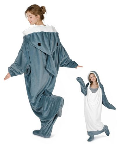 QUSLLIS Hai Kostüm Hai Decke – Marshmallow Decke mit Kapuze, Weicher Flanell Onesie Schlafsack Tragbare Decke für Erwachsene Kinder - XXL