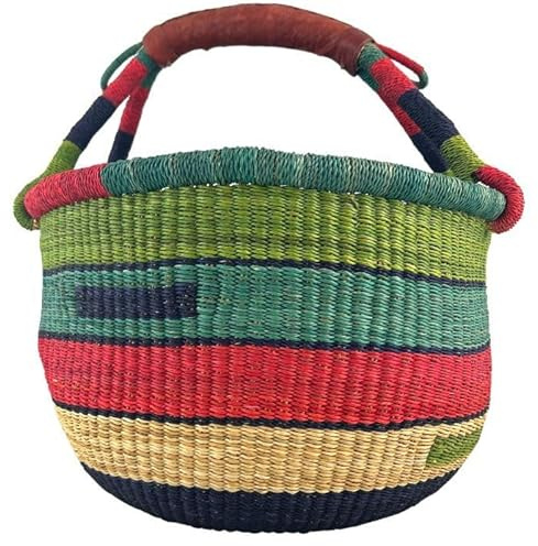Bolga Korb Afrika - XXL - Das Original aus Ghana - Bunt - Fair Trade - Rund - Viele Farben - Afrikanischer Graskorb mit Ledergriff - Flechtkorb 30-40 cm - Rundkorb mit Wunschdesign (Techiman)