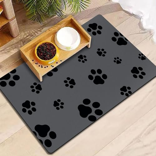 18×30 Dog Food Mat-Absorbent Dog Mat for Food and Water, No Stains Quick Dry Cat Food Bowl Mat with Footprints for Messy Drinkers,Dark Grey
