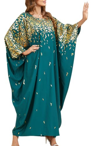 OBEEII Kaftan Damen Abaya Muslim Kleider Batwing �rmel Blumendruck Dubai T�rkisches Naher Osten Marokko Maxi Kaftan Kleid f�r Ramadan,Party,L�ssig,Abend Gr�n02 Einheitsgr��e