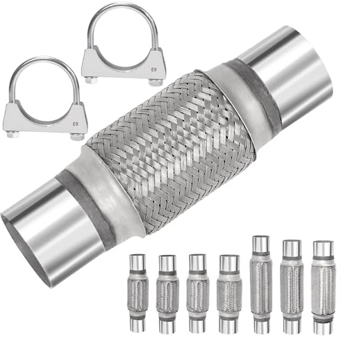 Mardatt Exhaust Flex Pipe with 2pcs U-Bolt Clamps(2.5 x 6 x 10), ID:2.5 | Stainless Steel Double Braid Exhaust Flex Tube for Cars Trucks Buses Pipes
