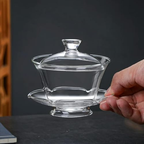 HGYEDA Set da tè da Viaggio in Vetro Resistente al Calore Gaiwan da 200 ml, Coperchio Trasparente, piattino, Tazza da tè Grande, zuppiera