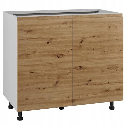 Laclar LUGO Küchenunterschrank 90 cm - 2-türig ohne Griff - Unterschrank mit MDF Fronten & Einlegeboden - modernes Küchenschrank-Modul zur Selbstmontage - höhenverstellbar - weiß/Artisan-Eiche