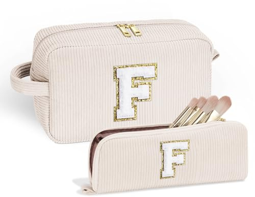 Parima Kosmetiktasche Damen Mädchen, Personalisierte Kosmetiktasche Cord Make Up Tasche Kulturtasche Damen Geschenke für Frauen Mädchen Freundin Mutter Tochter Geschenk Make Up Tasche mit Buchstaben F