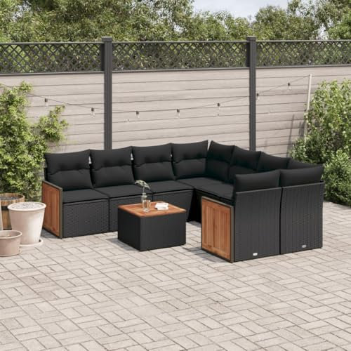 THOYTOUI 9-TLG. Garten-Sofagarnitur, Gartenlounge Outdoor Gartenset Tisch und stühle Lounge Set Outdoor Gartengarnitur Set Geeignet für Veranda Garten Balkon Terrasse mit Kissen Schwarz Poly Rattan