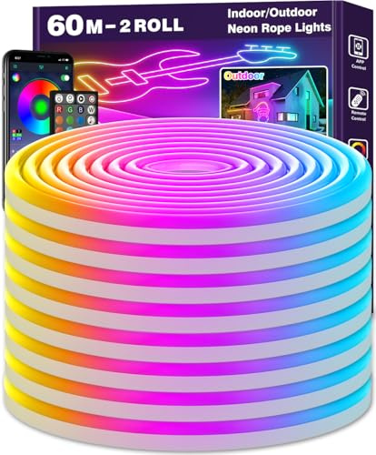 LETIANPAI 60 m LED Neon Rope Lights, Control with App/Remote Control, Flexible LED Rope Light, Multiple Modes, IP65 Outdoor RGB Neon Lights, Waterproof (60m)