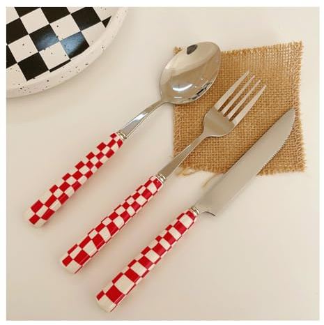 (12 Pieces) Chequerboard Ceramic Handle Kitchen Stainless Steel Silverware Tableware Flatware Cutlery Set Steak Knife Fork Spoon Teaspoon (Red)