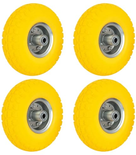 10” Wheelbarrow Wheels 4.10/3.50 Puncture Proof Solid Rubber Tyre with 16mm Bore Axle Diameter PU Foam Filled Replacement Wheel for Sack Truck, Garden Trolley, Lawn Carts (Yellow Silver Pack of 4)