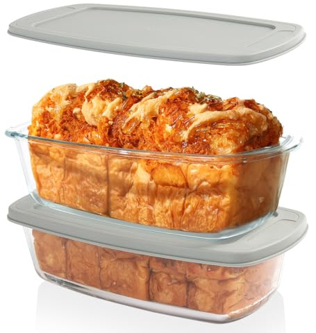 WELTOKE 2 Stück Glas Brotbackform mit Deckel, 1,9 Quart Kastenform aus Glas mit Deckel, Glass Auflaufform mit Deckels Ofenfest für Brot, Kuchen, BPA-Frei, Versiegeltem Kunststoffdeckel & Griffen