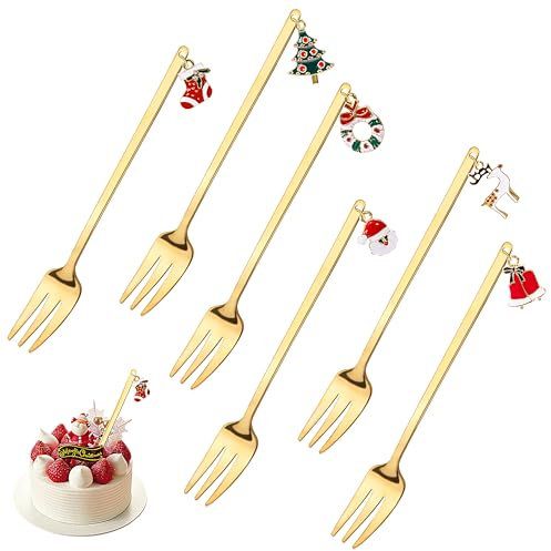 Yesaler Weihnachtsgabeln Edelstahl Dessertgabeln mit Weihnachtsanhänger Weihnachten Gabeln Set mit Geschenkbox Verpackung 6 Stück (Gold)