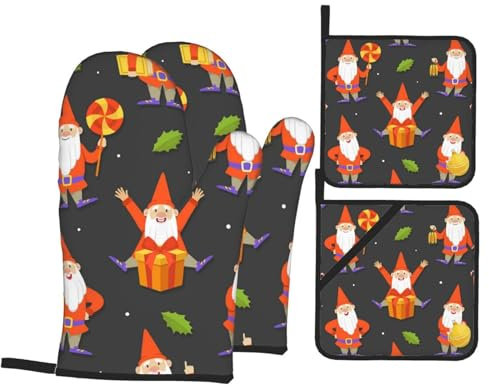 Ofenhandschuhe und Topflappen-Set, lustige Zwerge und Geschenke, hitzebeständige Küchen-Backhandschuhe, rutschfeste Oberfläche zum Kochen, Backen, Grillen, Grillen