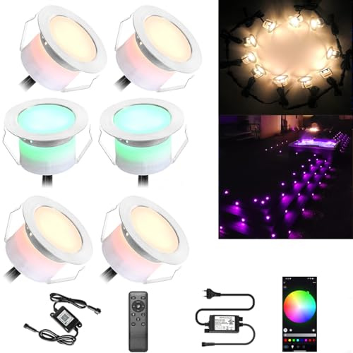 6er Set Smart LED Bodeneinbaustrahler RGBW, Ø45mm 1.2W IP67 Wasserdicht, App & Sprachsteuerung (Alexa/Google Home), Außen Bodenleuchten Garten & Terrassenbeleuchtung mit Strom Warmweiß & Farbwechsel