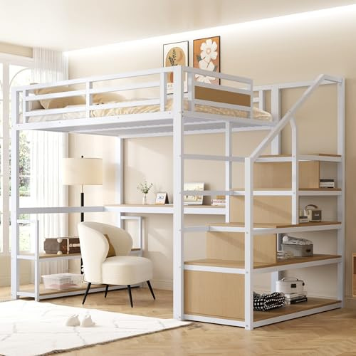 Metall-Hochbett(140x200) mit Aufbewahrungsleiter mit Regalen und Tisch,Sicherheitszaun-Design mit gespleißten Metallplanken,Hohes Eisenrahmenbett mit Metallrahmen für stabile Unterstützung (Weiß)