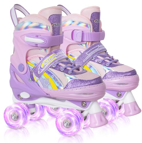 Nattork Kleinkind-Rollschuhe für kleine Kinder im Alter von 3–5, 3, 4, 5, 4 Größen, verstellbar, Regenbogen-Quad-Skates mit allen leuchtenden Rädern – bestes Geburtstagsgeschenk für Outdoor-Sportarten