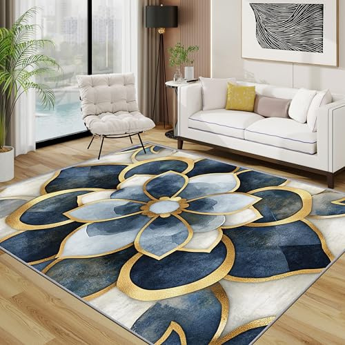 TerroVee Blumen Teppich 200x200 cm, Geometrisch Blumig Waschbarer Teppiche Wohnzimmer, Luxus Blau Gold rutschfest Antirutsch Groß Teppiche Für Esszimmer, Quadratisch, Blau Gold