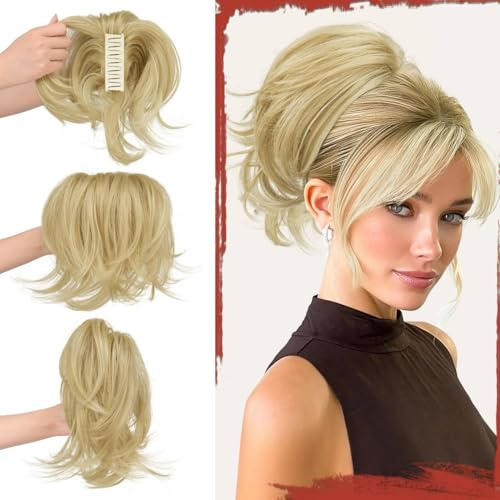 Sofeiyan Coleta Postiza con Pinza Natural,Peluca con Coleta Corta y Liso y Alambre Flexible Incorporado, Extensiones Sintéticas de Cola de Caballo para Mujeres,Rubio Ceniza con Reflejos Dorados Claros