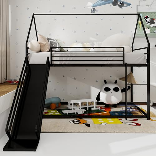 Sweiko Lit superposé avec Toboggan, idéal pour Une Chambre d'enfant,Le Cadre du lit est en Forme de Maison et est équipé d'une échelle (Black)