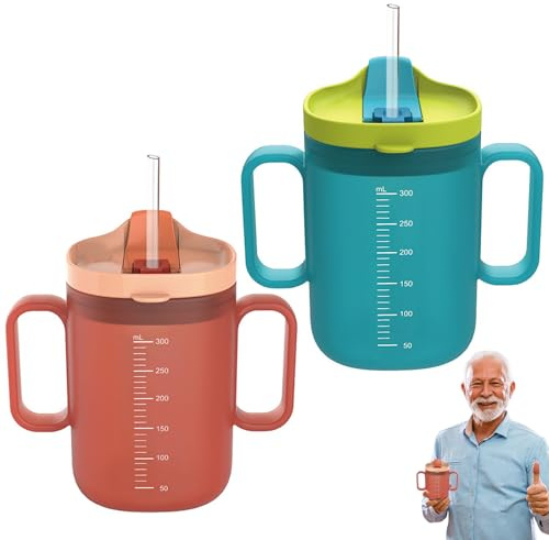 BDHYYM Gobelet à bec anti-fuite pour personnes âgées - 300 ml - Avec double poignée et paille - Pour personnes âgées - Avec couvercle - Rappel de capacité (Rouge et bleu)