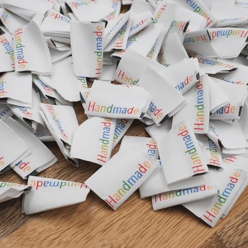 100 Stück Weblabels „Handmade“,bunte Nählabels zum Annähen,eingewebtes Motiv,kein Druck,Webetiketten,Einnählabel,Label,Nähen,DIY Etiketten,Textiletiketten,Nähzubehör,Geschenkidee,Kinderkleidung