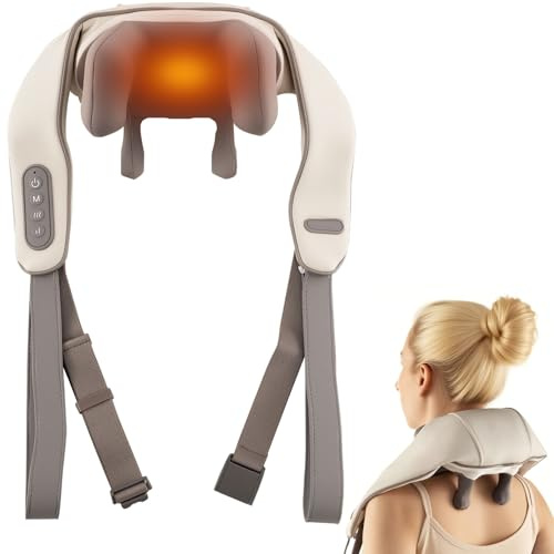 GOPLUS nackmassageapparat med värme, 4D Shiatsu massageapparat med 2 värmenivåer och justerbar intensitet, trådlös massagekudde för rygg och ben och hals (beige)
