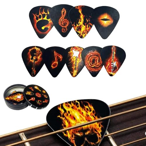 RHQFDM Gitarrenplektren Set – 12 Stück, 3 Stärken (0.46/0.71/0.96 mm) | Verschiedene Muster, robust & langlebig, für E-Gitarre/Akustikgitarre/Bass/Ukulele, mit Box