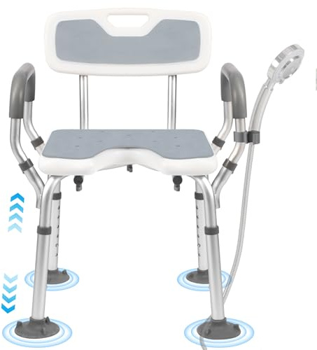 EasyVibe Duschstuhl für Senioren mit Saugnapf-Füßen, Duschhocker mit U-Ausschnitt, Badestuhl mit Armlehnen & Rückenlehne, 150kg Tragkraft, Werkzeugfreie Montage