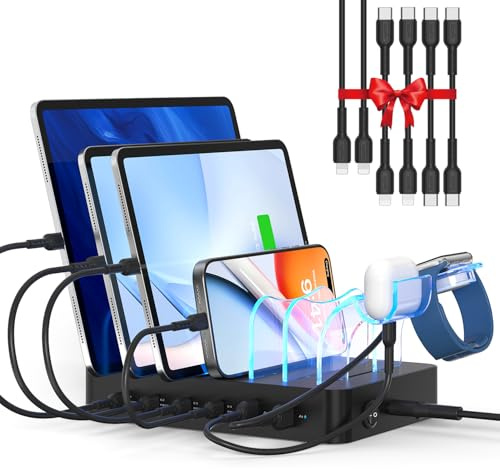 SooPii Estación de Carga de 90 W para múltiples Dispositivos, estación de Carga multiUSB C de 6 Puertos con 6 Cables Cortos Mixtos, Base de Carga PD de 20 W para iPhone, Galaxy, iPad, Tableta y más