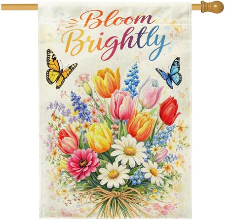Bandiera per la casa dei tulipani, bandiera floreale primaverile con farfalle e crisantemo giallo primaverile su entrambi i lati, in iuta, decorativa, per esterni, prato, cortile, patio, ingresso, 71