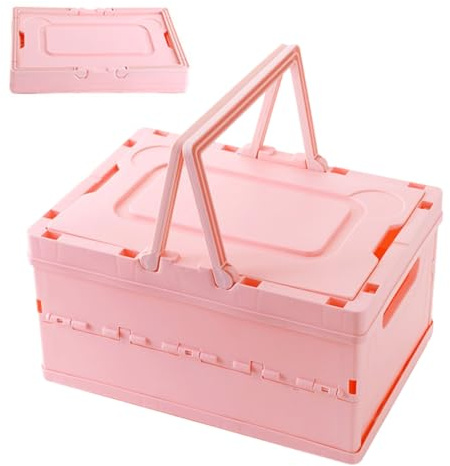 CEWROM Kleine Klappbox mit Deckel | Faltbare Aufbewahrungskorb Stabiler Klappkiste mit Henkel, Spielzeugkiste für Kinderzimmer, Spielzimmer, Wohnzimmer,Rosa