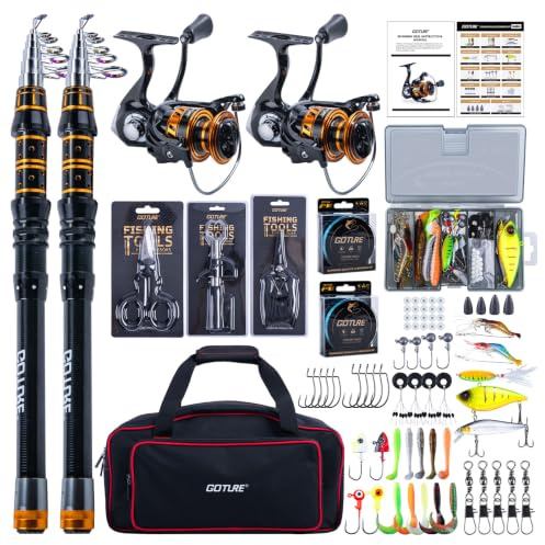 Goture Angelset Komplettset – 2 Ruten & 2 Rollen, Köder-Set & Tragetasche