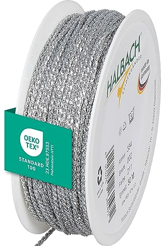 Halbach Seidenbänder Premium snöre silver | bredd: 2 mm längd: 50 m | snöre 2 mm för dekorationer | silversnöre för gör-det-själv-hantverk och presentförpackningar, färg: silver