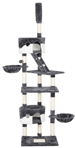 Yaheetech Arbre à Chat XXL Géant Griffoir Grattoir Hauteur de 228 à 255 cm 2 Hamacs 2 Condos 3 Plateformes 2 Troncs en Sisal Gris et Blanc