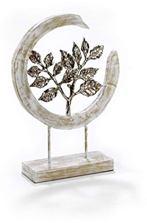 Moritz Silver Leafs Blätter 47 cm Silber – Mangoholz Skulptur Zweig modern | Aluminiumblätter auf Naturholz-Ring, Handarbeit und Unikat, moderner Naturschmuck und Geschenkidee für Wohnzimmer