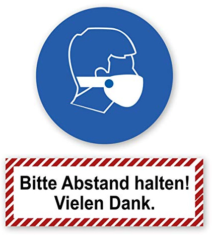 Mundschutz/Bitte Abstand halten Aufkleber mit UV Schutz Gebotszeichen Warnzeichen für Außen-und Innenbereich